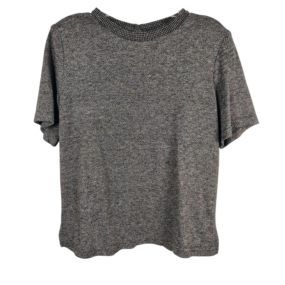 Victoria Morgan Womens L Short Sleeve Knit Top Black White Marled Dark Academia